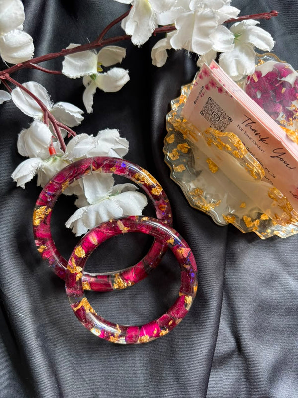 Royal Orchid Bloom Floral Resin Bangle Set | Handmade Real Flower Bangles with Gold Flakes