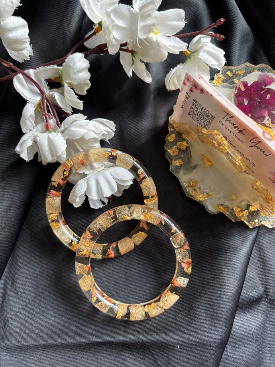 Golden Fern Floral Resin Bangle Set | Handmade Botanical Resin Bangles with Gold Flakes