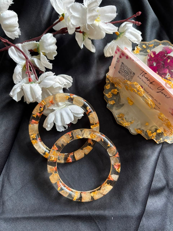 Golden Fern Floral Resin Bangle Set | Handmade Botanical Resin Bangles with Gold Flakes