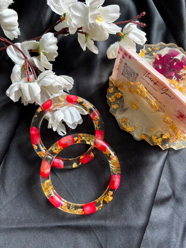 Ruby Rose Floral Resin Bangle Set | Handmade Real Flower Bangles with Gold Flakes