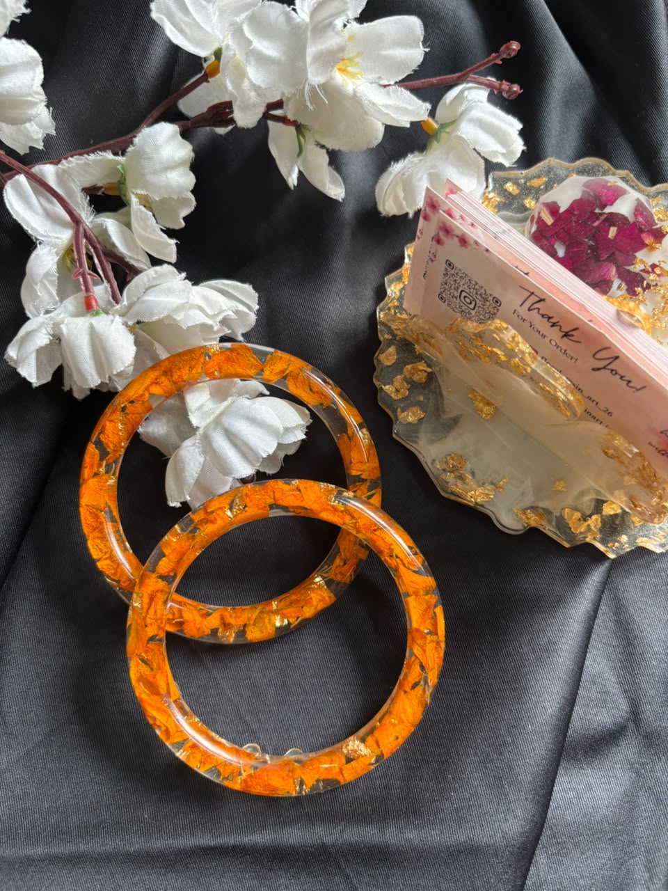 Sunset Marigold Floral Resin Bangle Set | Handmade Real Flower Bangles with Gold Flakes
