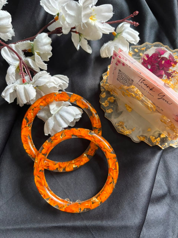 Sunset Marigold Floral Resin Bangle Set | Handmade Real Flower Bangles with Gold Flakes
